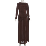 Waist pleated ribbon solid color long skirt