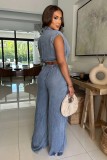 Tight waist slim fit elastic wash denim jumpsuit straight tube loose jumpsuit