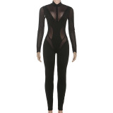 Perspective mesh zipper solid color long sleeved tight jumpsuit