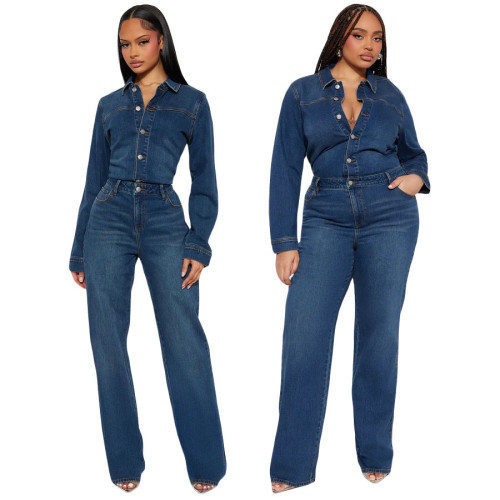 Slim fit elastic bell mouth wash long sleeved denim jumpsuit