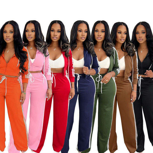 Striped hooded cardigan jacket straight leg pants two-piece set
