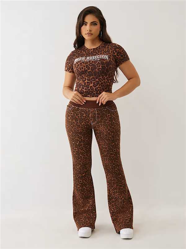 Leopard print short sleeved top and flared pants two-piece set