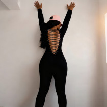 U-neck backless strap long sleeved solid color hip lifting jumpsuit U-neck backless strap long sleeved solid color hip lifting jumpsuit