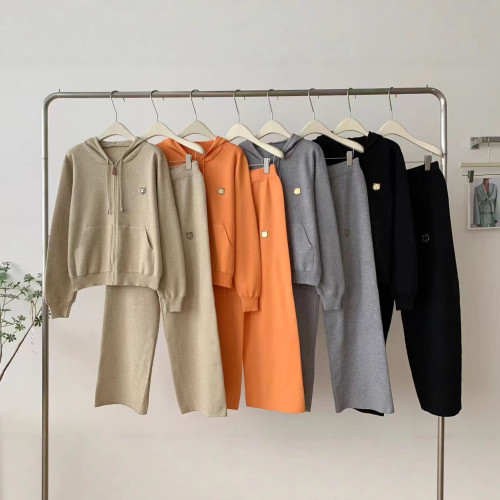 Hooded knitted cardigan wide leg pants two-piece set