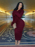 Deep V-neck solid color long sleeved knitted jumpsuit long skirt