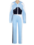 Color blocked zipper cardigan wide leg elastic waist sports pants two-piece set