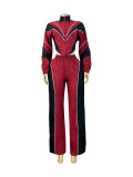 Color blocking splicing, zip up waist, zipper top, straight leg pants two-piece set