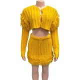 Open navel long sleeved cardigan with tassel skirt two-piece set