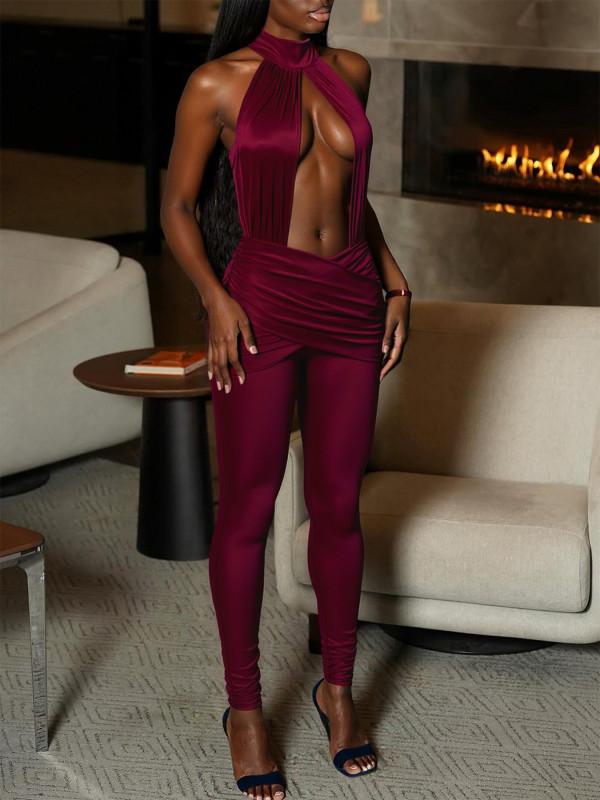 Full backless round neck hollow pleated solid color jumpsuit