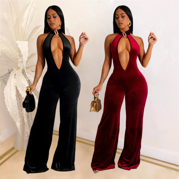 Deep V backless high waisted jumpsuit
