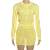 Knitted button round neck top, hip hugging skirt set