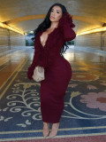 Deep V-neck solid color long sleeved knitted jumpsuit long skirt