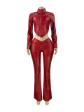 Zipper elastic leather jacket micro flared pants two-piece set