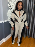 Color blocking splicing, zip up waist, zipper top, straight leg pants two-piece set