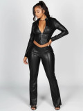 Zipper elastic leather jacket micro flared pants two-piece set