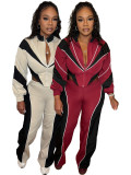Color blocking splicing, zip up waist, zipper top, straight leg pants two-piece set