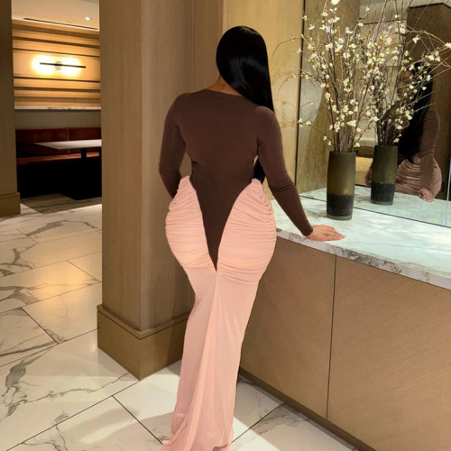 Color blocking pleated long sleeved dress