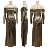 One shoulder long sleeved glossy dress