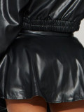 PU Front Open Collar Single breasted Short Skirt Set