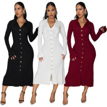 V-neck solid color long skirt single breasted dress