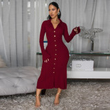 V-neck solid color long skirt single breasted dress