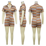 Wave patterned color stripe V-neck short sleeved jumpsuit shorts