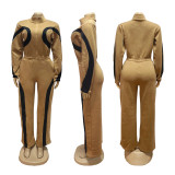 Half open elastic waist sports contrasting long sleeved jumpsuit