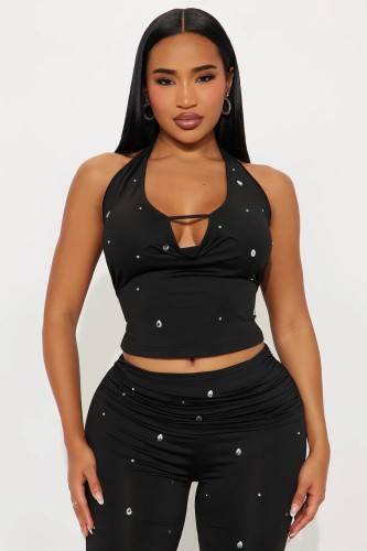Two piece set of suspender hanging neck sleeveless diamond studded pants