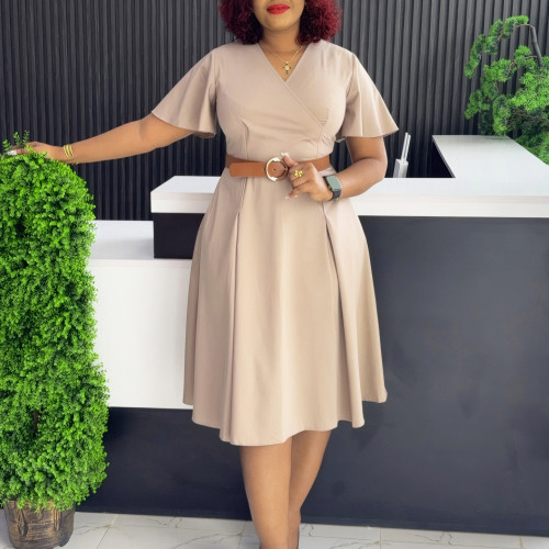 V-neck flared sleeve A-line skirt dress
