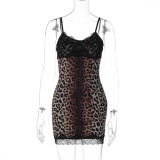 Lace border leopard print camisole dress with hip wrap