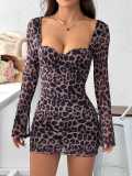 Leopard print heart-shaped collar backless long sleeved dress