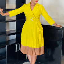 Suit collar pleated high waisted dress
