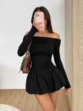 Single shoulder long sleeved pleated mini dress