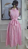 Sleeveless waist cinched A-line skirt long striped dress