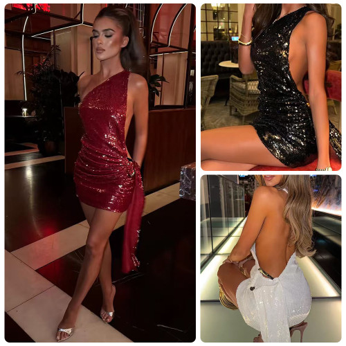 Single shoulder sequin dress with exposed backpack buttocks short skirt