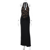 Lace backless patchwork high waisted sleeveless hip hugging dress