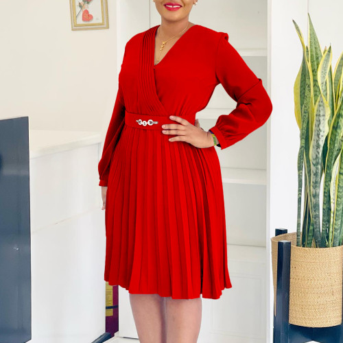 V-neck pleated high waisted dress