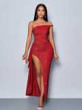 Asymmetrical shoulder strap high side slit maxi dress