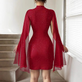 Round neck chiffon cape lantern sleeve groove strip hip hugging dress