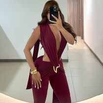 Sleeveless deep V low cut hollowed out high waisted hip hugging jumpsuit