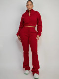 Two piece set of half zipper exposed navel and velvet sweatshirt with micro flared pants