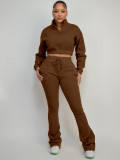 Two piece set of half zipper exposed navel and velvet sweatshirt with micro flared pants