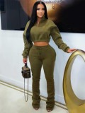 Two piece set of half zipper exposed navel and velvet sweatshirt with micro flared pants