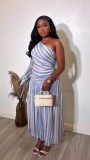Striped one shoulder slit long dress