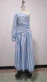 Striped one shoulder slit long dress