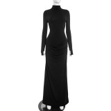 High neck pleated long dress
