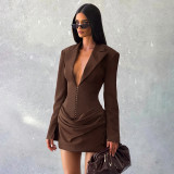 Deep V-neck pleated mini waist-cinching dress