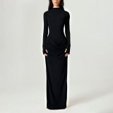 High neck pleated long dress