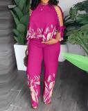 Large round neck raglan sleeves, five quarter sleeves, nail bead positioning printed pants set