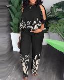 Large round neck raglan sleeves, five quarter sleeves, nail bead positioning printed pants set